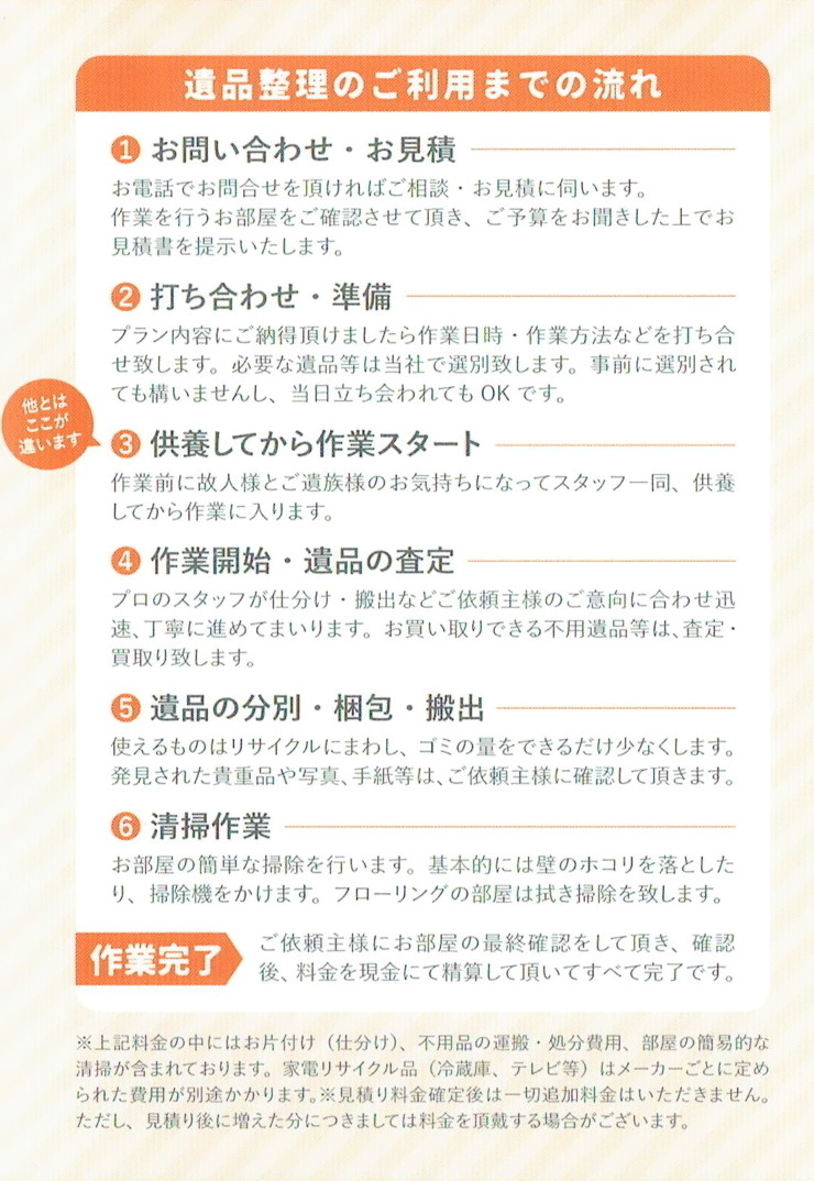 八戸便利屋生活支援サポートまごころ
                    遺品整理のご利用までの流れ
                    ①お問い合わせ・お見積
                    お電話でお問い合わせを頂ければご相談・お見積に伺います。
                    作業を行うお部屋をご確認させて頂き、ご予算をお聞きした上でお見積を提示いたします。
                    ②打ち合わせ・準備
                    プラン内容にご納得頂けましたら作業日時・作業方法などを打ち合わせ致します。
                    必要な遺品等は当社で選別致します。事前に選別されても構いませんし、当日立ち会われてもOKです。
                    ③供養してから作業スタート
                    作業前に故人様とご遺族様のお気持ちになってスタッフ一同、供養してから作業に入ります。
                    ④作業開始・遺品の査定
                    プロのスタッフが仕分け・搬出などご依頼主様のご意見に合わせ迅速、丁寧に進めてまいります。
                    お買い取りできる不要遺品等は、査定・買取り致します。
                    ⑤遺品の分別・梱包・搬出
                    使えるものはリサイクルにまわし、ゴミの量をできるだけ少なくします。
                    発見された貴重品や写真、手紙等は、ご依頼主様に確認して頂きます。
                    ⑥清掃作業
                    お部屋の簡単な清掃を行います。基本的には壁のほこりを落としたり、掃除機をかけます。
                    フローリングの部屋は拭き掃除を致します。
                    作業完了
                    ご依頼主様にお部屋の最終確認をして頂き、確認後、料金を現金にて精算して頂いてすべて完了です。
                    ※上記料金の中にはお片付け（仕分け）、不要品の運搬・処分費用、部屋の簡易的な清掃が含まれております。
                    家電リサイクル品（冷蔵庫、テレビ等）はメーカーごとに定められた費用が別途かかります。
                    ※見積り料金確定後は一切追加料金はいただきません。
                    ただし、見積り後に増えた分につきましては料金を頂戴する場合がございます。
                    当社のサービス内容
                    □大掃除・洗濯・片付け
                    □家の修理・修繕
                    □引っ越し・家具や荷物の移動
                    □庭仕事
                    □不用品処分
                    □各種お手伝い
                    □雪かき・雪下ろし
                    □各種代行
                    雪かき・雪下ろし・除雪が大変
                    【八戸市便利屋業者】八戸便利屋生活支援サポートまごころ
                                                        