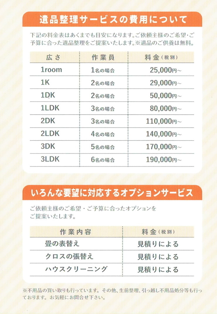 八戸便利屋生活支援サポートまごころ
                    遺品整理サービスの費用について
                    下記の料金表はあくまでも目安になっております。
                    ご依頼主様のご希望・ご予算に合った遺品整理をご提案いたします。※遺品のご供養は無料。
                    広さ 作業員 料金（税別）
                    1room 1名の場合 25,000円～
                    1K 2名の場合 29,000円～
                    1DK 2名の場合 50,000円～
                    1LDK 3名の場合 80,000円～
                    2DK 3名の場合 110,000円～
                    2LDK 4名の場合 140,000円～
                    3DK 5名の場合 170,000円～
                    3LDK 6名の場合 190,000円～
                    いろんな要望に対応するオプションサービス
                    ご依頼主様のご希望・ご予算に合ったオプションをご提案いたします。
                    作業内容 料金（税別）
                    畳の表替え 見積りによる
                    クロスの張替え 見積りによる
                    ハウスクリーニング 見積りによる
                    ※不要品の買い取りも行っています。その他、生前整理、引っ越し不要品処分等も行っております。
                    お気軽にお問い合わせ下さい。
                    よろずやサービスの費用について
                    安心の料金価格
                    ※詳しくはお問い合わせください。
                    基本料金+材料費（必要な場合）+出張費（エリア外の仕事）
                    ※サービスエリアについてはお問い合わせください。
                    ※作業前に必ずお見積りを提示させていただきます。
                    ※違法なことや、暴力行為に関する依頼はお断り致します。
                    雪かき・雪下ろし・除雪が大変
                    【八戸市便利屋業者】八戸便利屋生活支援サポートまごころ
                                                        