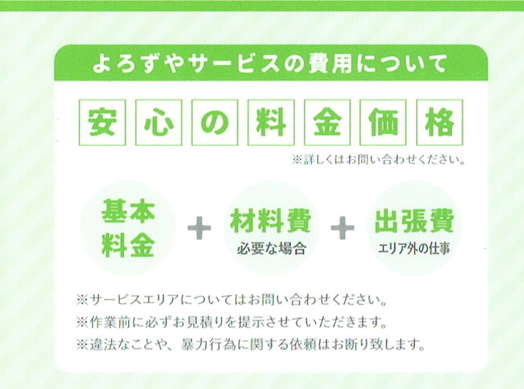 八戸便利屋生活支援サポートまごころ
                    遺品整理サービスの費用について
                    下記の料金表はあくまでも目安になっております。
                    ご依頼主様のご希望・ご予算に合った遺品整理をご提案いたします。※遺品のご供養は無料。
                    広さ 作業員 料金（税別）
                    1room 1名の場合 25,000円～
                    1K 2名の場合 29,000円～
                    1DK 2名の場合 50,000円～
                    1LDK 3名の場合 80,000円～
                    2DK 3名の場合 110,000円～
                    2LDK 4名の場合 140,000円～
                    3DK 5名の場合 170,000円～
                    3LDK 6名の場合 190,000円～
                    いろんな要望に対応するオプションサービス
                    ご依頼主様のご希望・ご予算に合ったオプションをご提案いたします。
                    作業内容 料金（税別）
                    畳の表替え 見積りによる
                    クロスの張替え 見積りによる
                    ハウスクリーニング 見積りによる
                    ※不要品の買い取りも行っています。その他、生前整理、引っ越し不要品処分等も行っております。
                    お気軽にお問い合わせ下さい。
                    よろずやサービスの費用について
                    安心の料金価格
                    ※詳しくはお問い合わせください。
                    基本料金+材料費（必要な場合）+出張費（エリア外の仕事）
                    ※サービスエリアについてはお問い合わせください。
                    ※作業前に必ずお見積りを提示させていただきます。
                    ※違法なことや、暴力行為に関する依頼はお断り致します。
                    雪かき・雪下ろし・除雪が大変
                    【八戸市便利屋業者】八戸便利屋生活支援サポートまごころ
                                                        